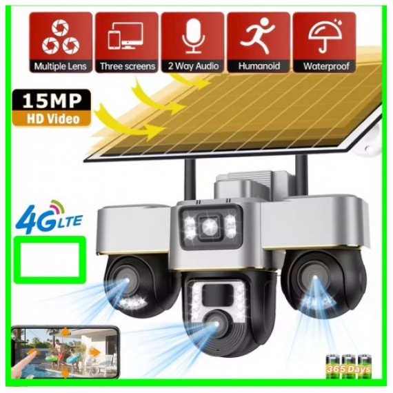 4G Solar 15mp 3 lens All PTZ Auto Tracking CCTV Camera