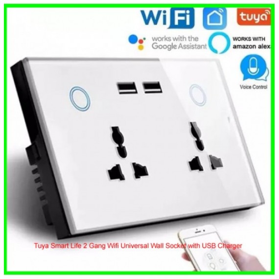 Tuya Smart Life 2 Gang Wifi Universal Wall Socket with USB Charger