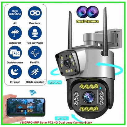 V380PRO 6MP SOLAR PTZ 4G SIM CARD DUAL LENS CAMERA-BLACK